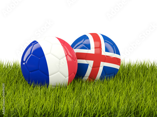 France and Iceland soccer  balls on grass