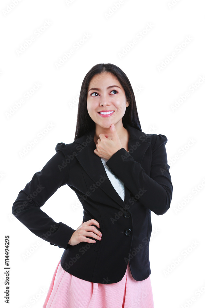 Businesswoman thinking with her thumb on her chin. Isolated on white background. Businesswoman thinking with her thumb on her chin. Isolated on white background.
