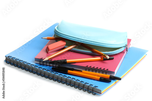 Wallpaper Mural pencil case with notebooks and small accessories on a white isolated background Torontodigital.ca