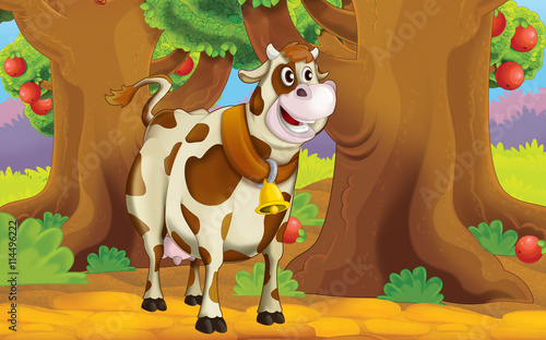 Fototapeta Naklejka Na Ścianę i Meble -  Cartoon farm scene with animal - cow - illustration for children