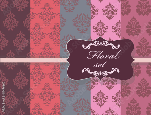 Vintage Floral ornament damask patterns collection. Elegant luxury textures for wallpapers, backgrounds and invitation cards. Pink shades and blue colors. Vector