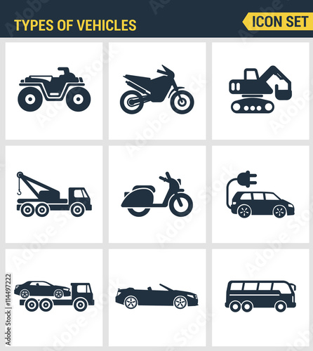 Icons set premium quality of types of vehicles traffic car transport auto icon set. Modern pictogram collection flat design style symbol collection. Isolated white background.