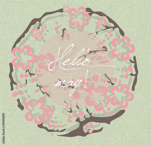 Hello Spring May card or invitation with flowers. Rose quartz pink color. Vec...