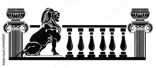 Architectural columns Greek style and Lion silhouette. Vector Roman compositi...
