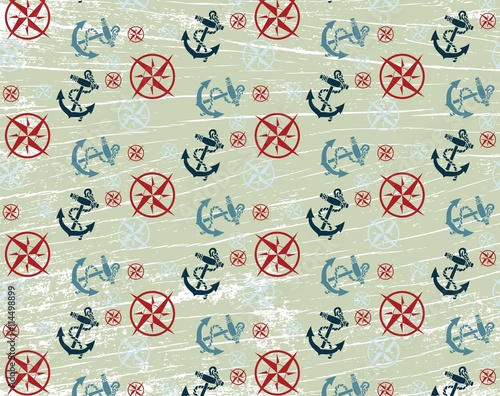 Nautical or marine themed pattern with compass and anchor knots for yacht. Maritime theme pattern. Vector