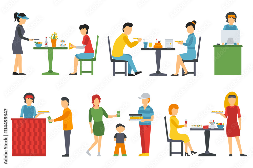People in a flat interior. Pizza icons set. Cashier, Deliveryman, Customers, Bistro, Waiters, Delivery. Pizzeria conceptual web vector illustration. 