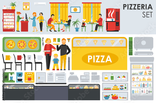 Big detailed Pizzeria Interior flat icons set. Minibar, Waiter, Chairs, Tables. Pizza conceptual web vector illustration. 
