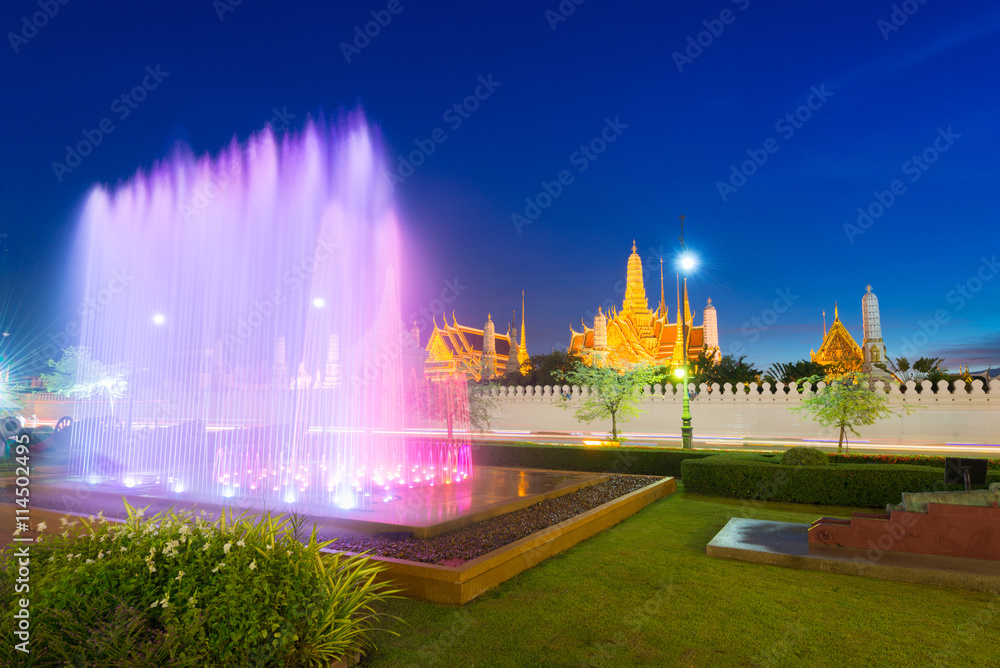 Wat Phra Kaeo with fountain in Bangkok, Thailand