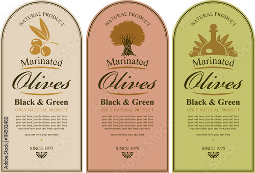 set of labels for black and green olives with a picture of a tree, berries and bottles