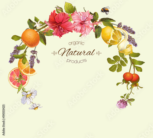 Vector natural round frame with hibiscus flowers, citrus fruits and rose hip....