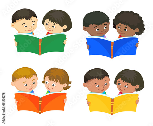 Cartoon kids reading book vector