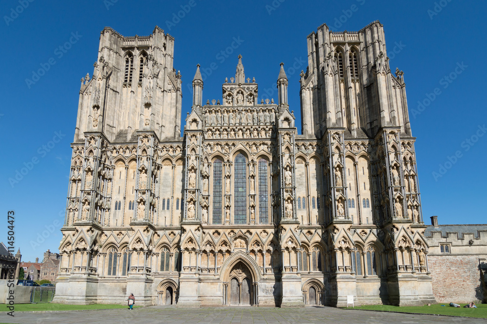 Outdoors of Wells Cathedral. It is an Anglican cathedral dedicated to St Andrew the Apostle, in Gothic and Early English Style