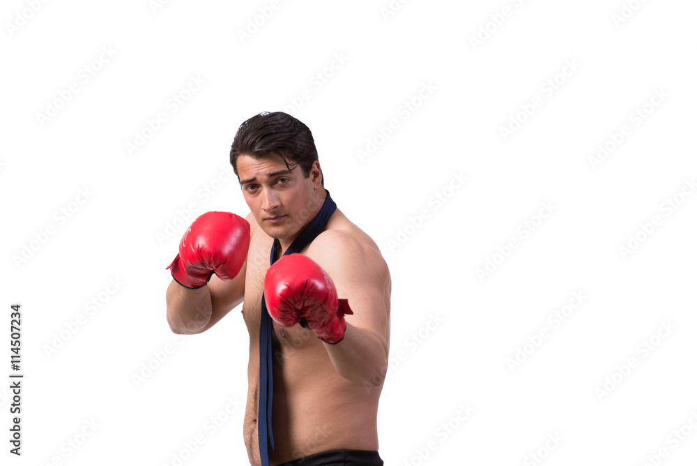 Ripped businessman with boxing gloves isolated on white Ripped businessman with boxing gloves isolated on white