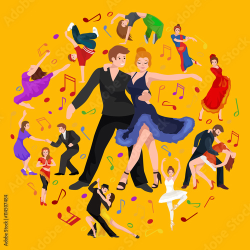 Vector illustration of couple dancing modern dance, Partners dance bachata, Dancing style design concept set, traditional dance flat icons isolated vector illustration, Man and woman ballroom dancing.