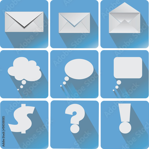 Vector. Set of flat simple web icons (envelope, the message, dollar sign, question mark, exclamation icon, the message)