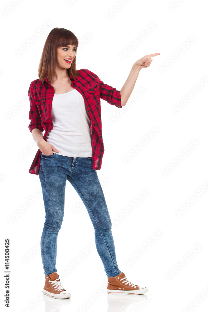 Casual Woman Pushing A Virtual Button Casual Woman Pushing A Virtual Button