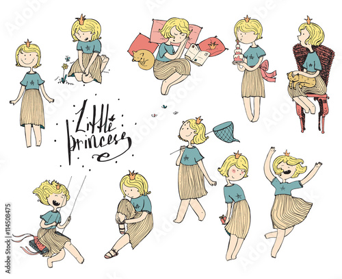 Set of colorful doodle girls with crown on head. Playful cute princess, fun vector hand drawn illustrations. Various emotions and poses, sleeping, walking, reading, jumping, sitting.