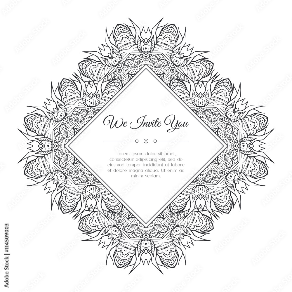 Black and white hand drawn doodle frame. Abstract floral zentangle background. Good for cards, invitations, wedding, t-shirt, brochure, flyer, calendar. Monochrome coloring page. Vector illustration. Black and white hand drawn doodle frame. Abstract floral zentangle background. Good for cards, invitations, wedding, t-shirt, brochure, flyer, calendar. Monochrome coloring page. Vector illustration.
