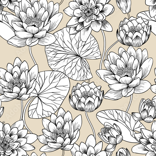 White water lily  vector seamless pattern