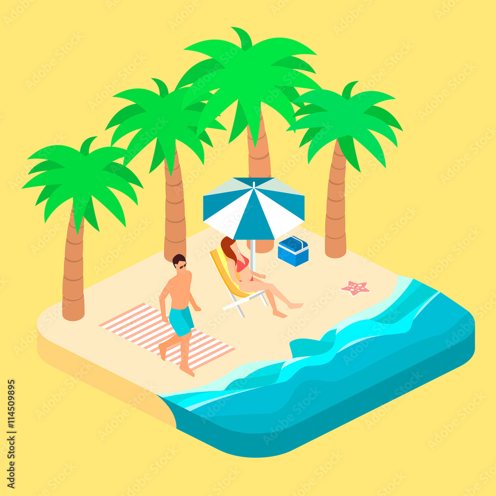 Isometric infographic landscape with sea and people on the beach. Isometric flat 3D landscape.