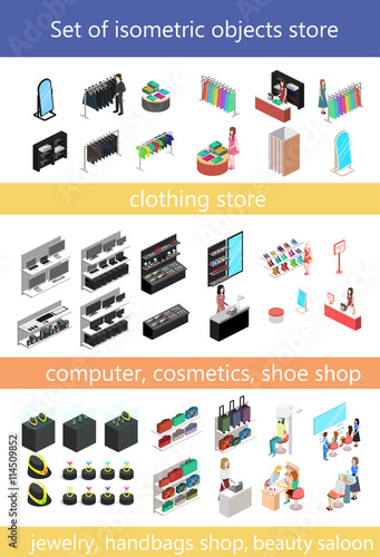 Flat 3d isometric shopping mall concept vector. set of elements for shopping center