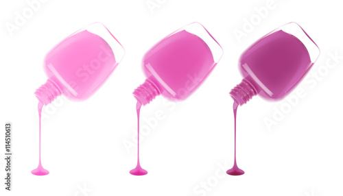 Set of nail polish leaking out of the bottle. Maniqure and pediqure varnish. Vector illustration