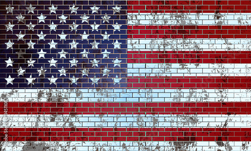 Old brick wall painted in the US flag
