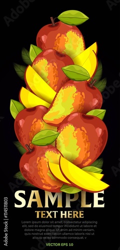 Mango fruit mix with leaves on black background vector illustration. Organic vegetarian product. Healthy food.