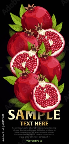 Fototapeta Naklejka Na Ścianę i Meble -  Pomegranate fruit mix with leaves on black background vector illustration. Organic vegetarian product. Healthy food.