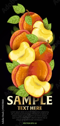 Peach fruit mix with leaves on black background vector illustration. Organic vegetarian product. Healthy food.