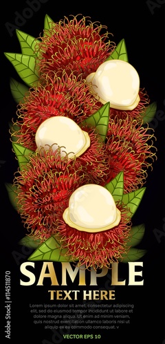 Rambutan fruit mix with leaves on black background vector illustration. Organic vegetarian product. Healthy food.