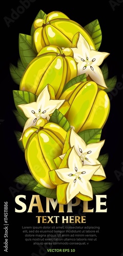 Star fruitfruit mix with leaves on black background vector illustration. Organic vegetarian product. Healthy food. photo