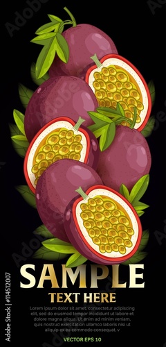 Passion fruit mix with leaves on black background vector illustration. Organic vegetarian product. Healthy food.