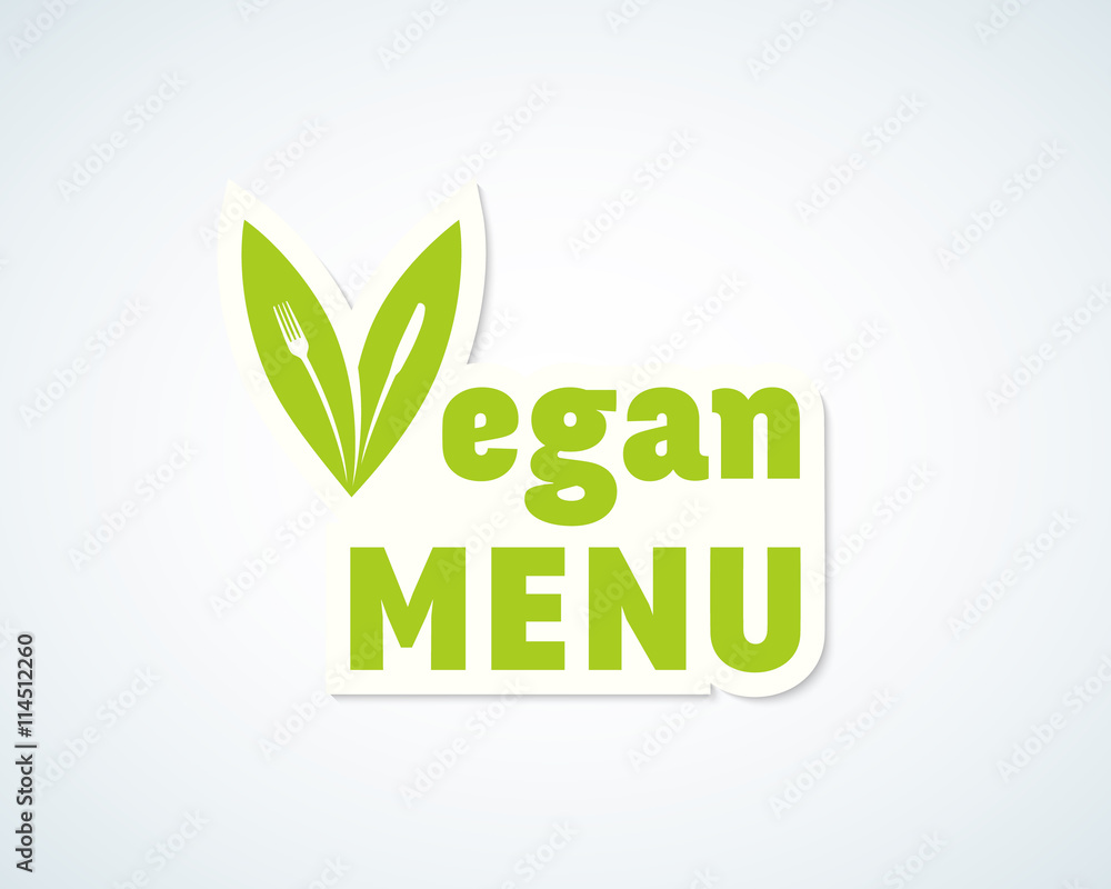 Vegan Menu Vector Sticker, Sign or Emblem. Fork and Knife in a Leafs Concept. Vegan Menu Vector Sticker, Sign or Emblem. Fork and Knife in a Leafs Concept.