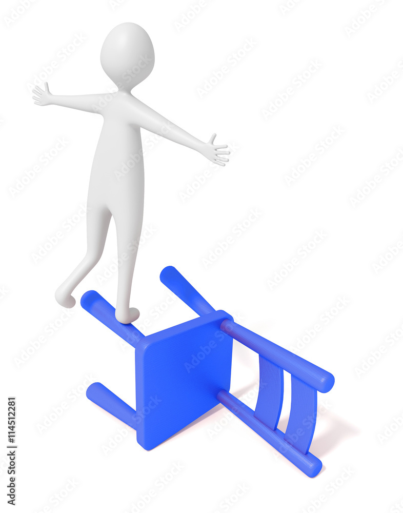 3d man balancing on a blue wooden chair, 3d illustration 3d man balancing on a blue wooden chair, 3d illustration