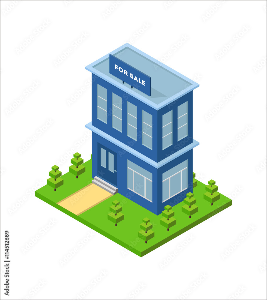 Isometric city building with billboard for sale from real estate. Three dimensional town house on the green grass. Small business office. Infographic design element. Vector isolated illustration.