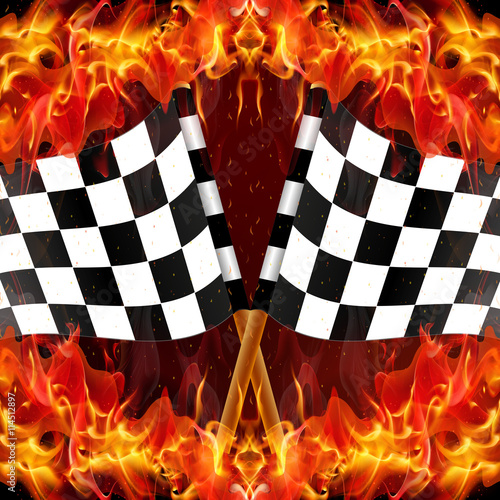 checkered racing flag on fire