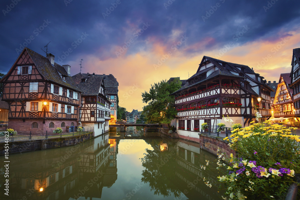 Strasbourg. Image of Strasbourg old town during dramatic sunset.