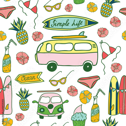 Hawaii Surfing Party seamless vector pattern.