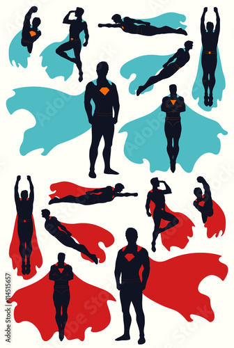 Superhero different action poses set: flying,standing,looking,fighting,protecting. Super Hero posing, Silhouettes collection with cloaks. Hand drawn vector illustration, separated elements and lines.