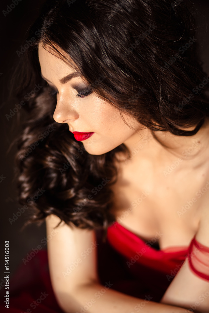 portrait of sensual woman in a long gorgeous red dress portrait of sensual woman in a long gorgeous red dress