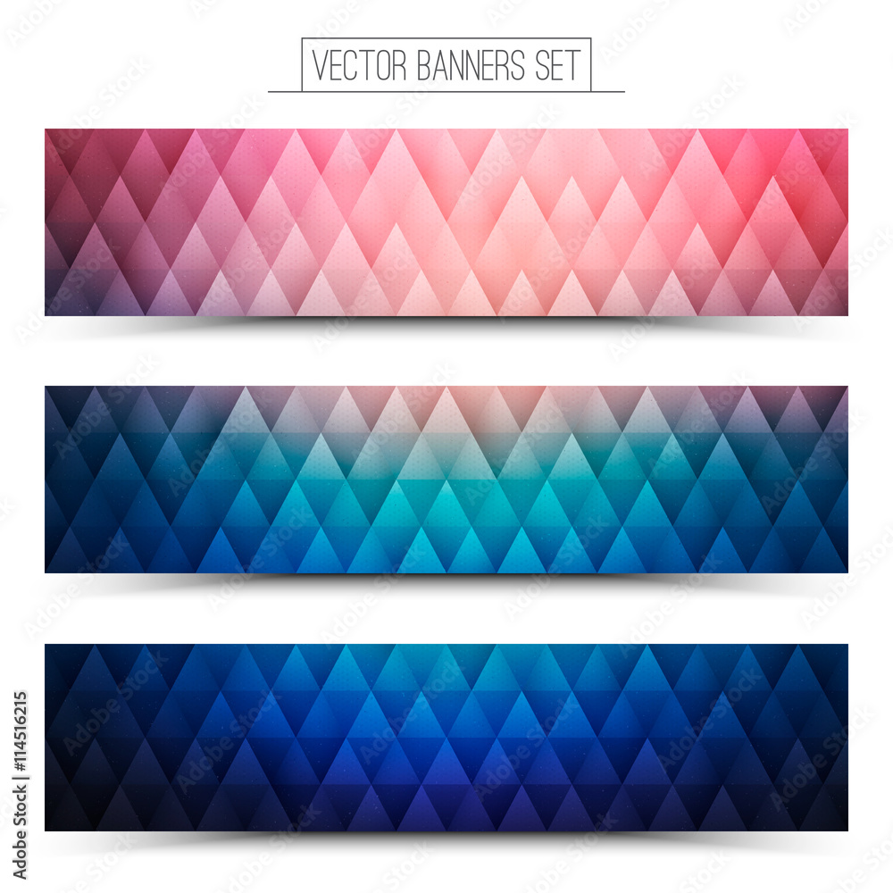 Abstract triangular 3d vector pink blue web banners set for business, internet, advertising, design, ui, seo   