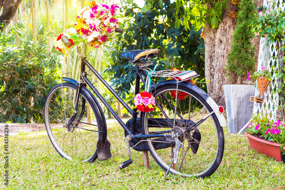 Vintage Bicycle with flowers on summer landscape background