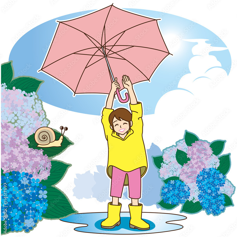 傘を振り上げ雨が止んだことを喜ぶ小学生の女の子 レインコート 水溜り 青い空 アジサイ カタツムリ Stock ベクター Adobe Stock 傘を振り上げ雨が止んだことを喜ぶ小学生の女の子 レインコート 水溜り 青い空 アジサイ カタツムリ Stock ベクター Adobe Stock