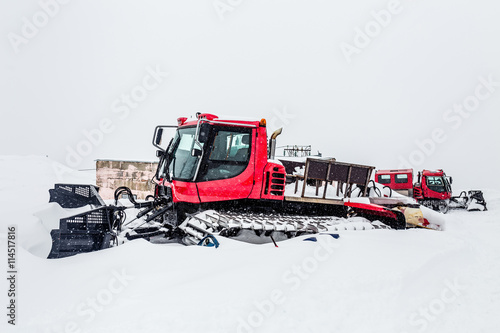 Snowcat at ski resort Elbrus after strong snow blizzard