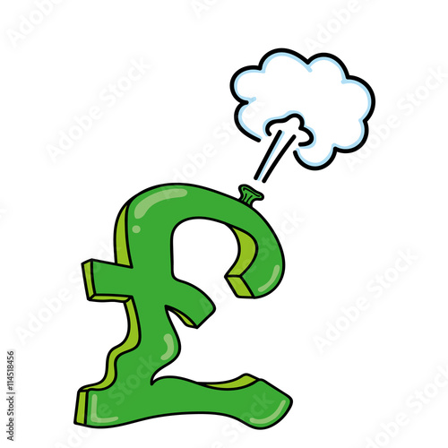 Balloon in the shape of a British Pound sign which is leaking air and deflating as a metaphor for the United Kingdom economy and value of the currency