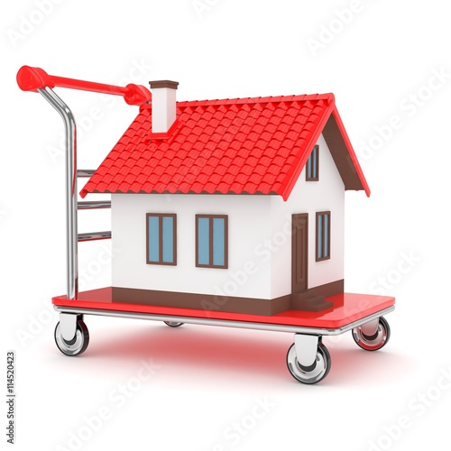 Model of house on wheeled platform on white background. Concept of property moving, delivering. 3D rendering.