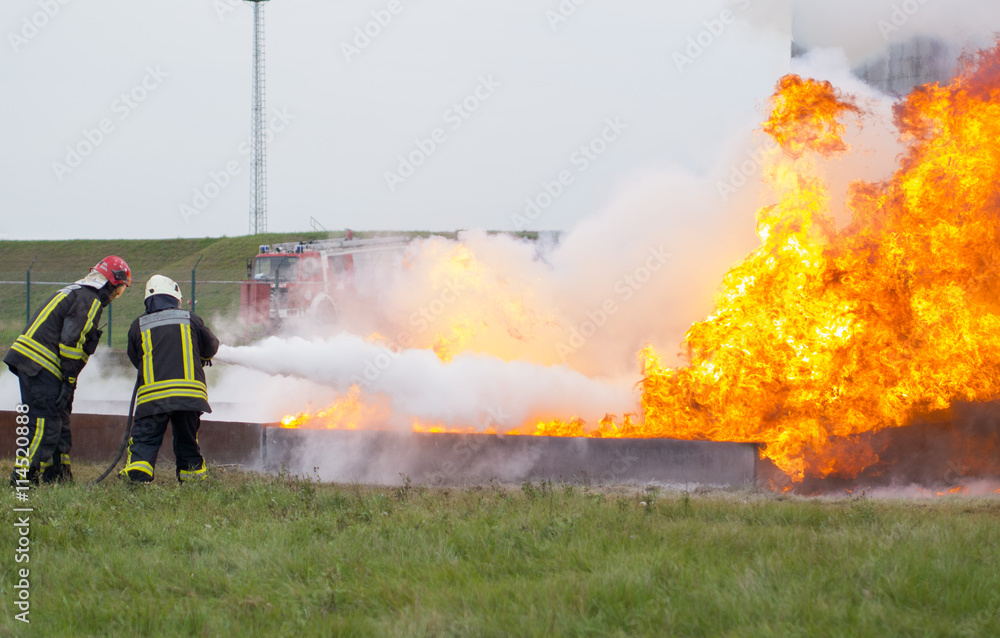 Fototapeta premium Fighting fire with a powder extinguisher