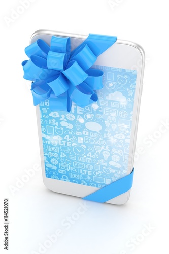 White phone with blue bow and blue screen. 3D rendering.