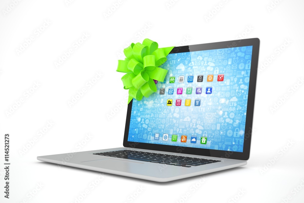 Tied laptop with green bow on white background. Modern present or gift for birthday, holiday, christmas. 3D rendering. Tied laptop with green bow on white background. Modern present or gift for birthday, holiday, christmas. 3D rendering.